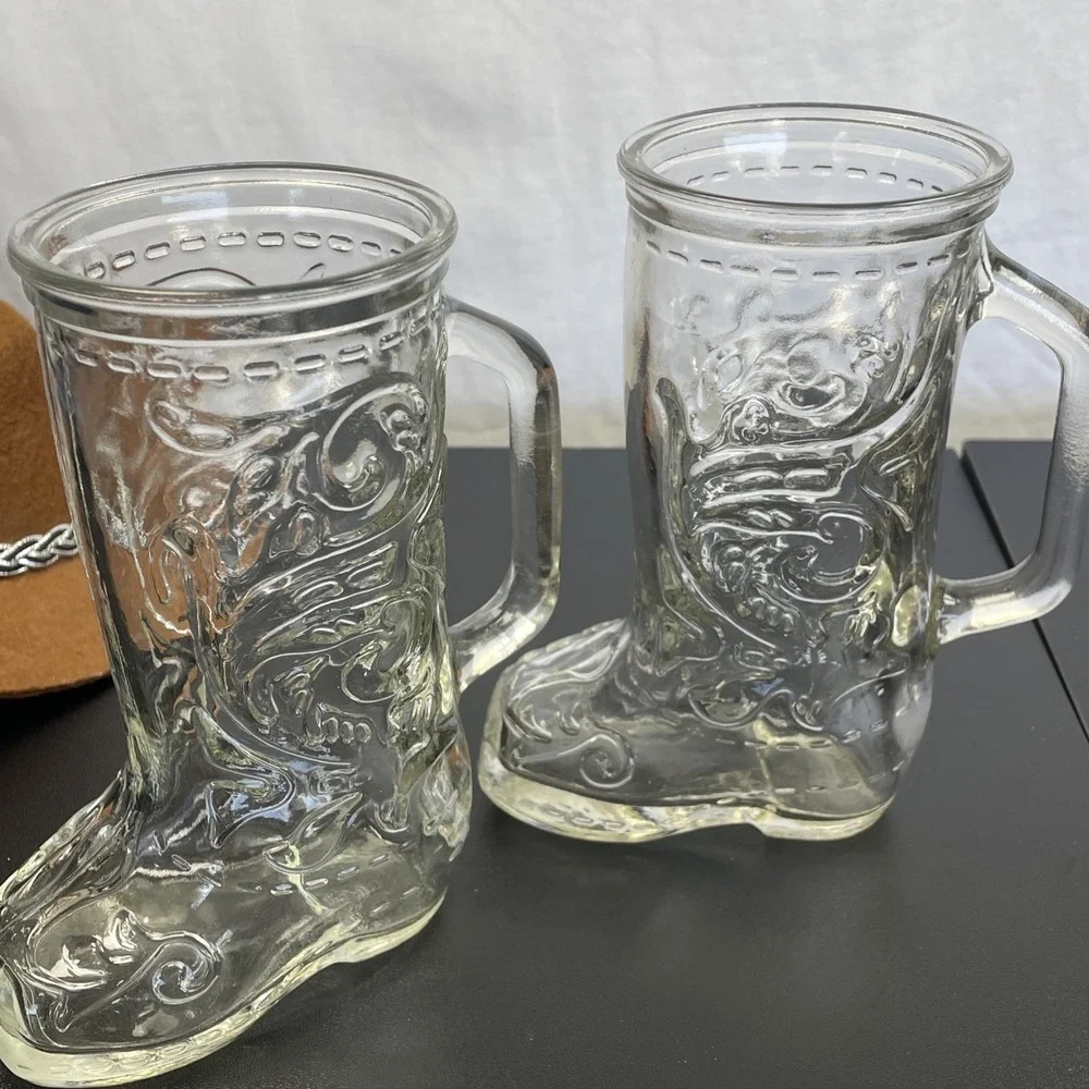 Vintage‎ lot of 2 Libbey Clear Glass Beer Mugs Cowboy Boots western bar ware